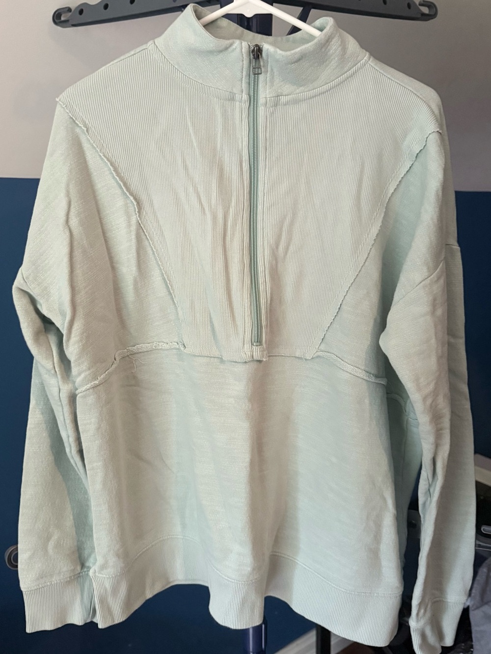 Wonderly Studio Women’s Large Mint Green 1/4 Zip Cotton Pullover Raw Seam